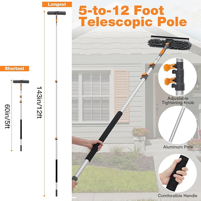 12Ft Window Squeegee with Extension Poles, 2-in-1 Window Cleaning Kit with Telescopic Pole, Extra-Large 14" Window Squeegee, Window Cleaner Tool with Adjustable Head, for High Window, Glass, RV