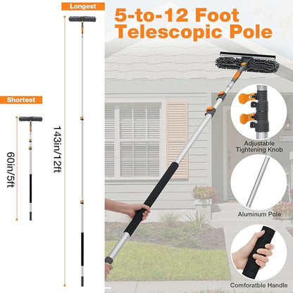 12Ft Window Squeegee with Extension Poles, 2-in-1 Window Cleaning Kit with Telescopic Pole, Extra-Large 14" Window Squeegee, Window Cleaner Tool with Adjustable Head, for High Window, Glass, RV