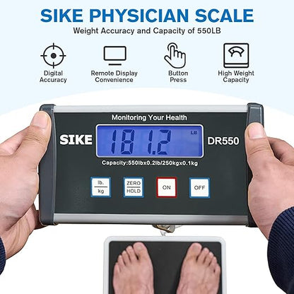 SIKE Digital Physician Scale, Medical Floor Scale for Body Weight, 550 lb Limit Professional Weight Scale, Portable Easy to Read Digital Display, Heavy Duty, Pound & KG Settings, 12.5" x 12" Platform