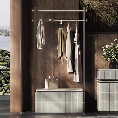 Clothes Rack for Hanging Clothes 33IN (Metal Hanging Rod) (Storage Drawers) White Plaid Wardrobe Garment Coat Organizer