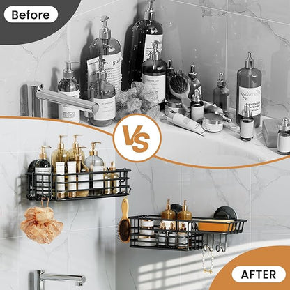 LEVERLOC Shower Caddy Suction Cup, 2 Pack Shower Shelves for Inside Shower with Hooks & Soap Holder, NO-Drilling Bathroom Shower Organizer, Rustproof Meatl Shower Holder Storage, Black