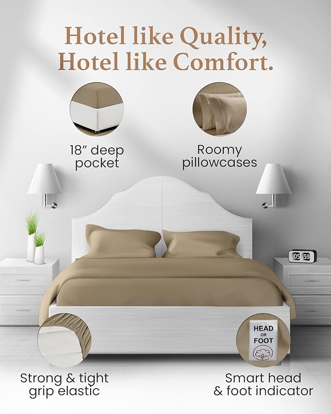 Good Sleep Bedding King Bed Sheet Set - 4 Pc, 1000 Thread Count Egyptian Cotton Sheets, Hotel Style Sheets King Size Deep Pocket, Fits Upto 16 Inch, Soft & Breathable Sheet & Pillowcase Sets - Taupe