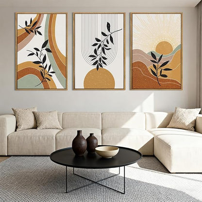 BINCUE Large Boho Framed Wall Art Painting Mid Century Modern Decor Prints for Living Room Bedroom Bathroom 16x24 Inch 3 Pieces