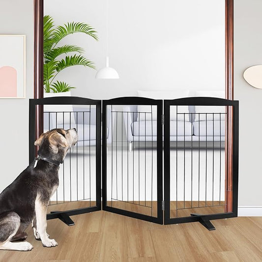 ZJSF Freestanding Dog Fence Indoor, Foldable Dog Gate for Doorways, Stairs or Hallways, Sturdy Wood Extra Wide Pet Gate with Support Feet for The House, Black, 32 "Height-3 Panels