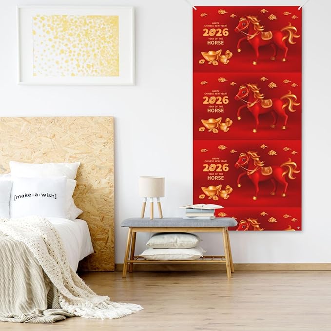 Year Of The Horse Happy Chinese New Year 2026 Door Cover Decorations Banner Flag Welcome Hanging Backdrop Sign Party Background Decor Holiday Supplies 35 * 72 Inches