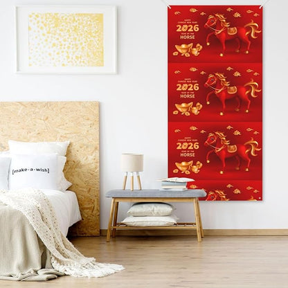 Year Of The Horse Happy Chinese New Year 2026 Door Cover Decorations Banner Flag Welcome Hanging Backdrop Sign Party Background Decor Holiday Supplies 35 * 72 Inches