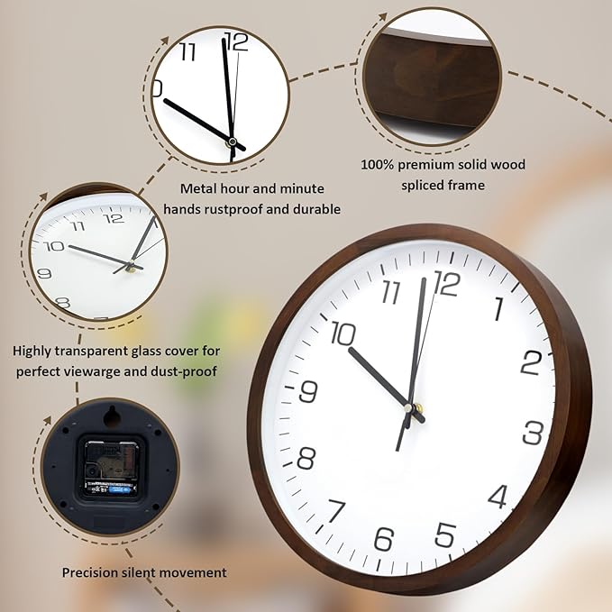 MEIRED Wooden Wall Clock 12 Inch Silent Non Ticking Wall Clocks Battery Operated Wood Analog Retro Round Clock Decorative for Kitchen,Home,Living Room,Classroom, Walnut White