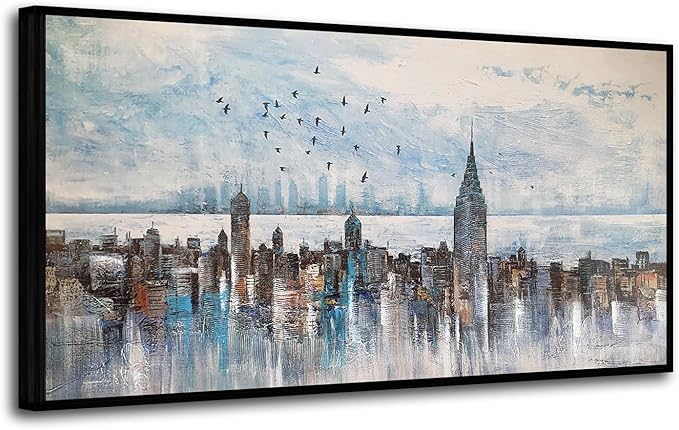 Arjun Cityscape Wall Art New York City Buildings Picture Modern Abstract Grey Skyline Birds NYC Painting Artwork for Bedroom Living Room Bathroom Home Office Decor, Large Size Black Framed 48"x24"
