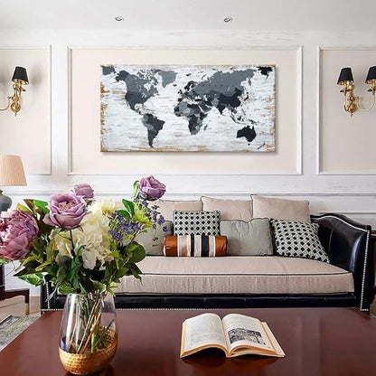 World Map Canvas Wall Art Decor Black Wall Decor Office World Map Wall Art World Pictures for Living Room Wall Decoration Map of the world Picture Framed Artwork Decor for Home Bedroom Decoration
