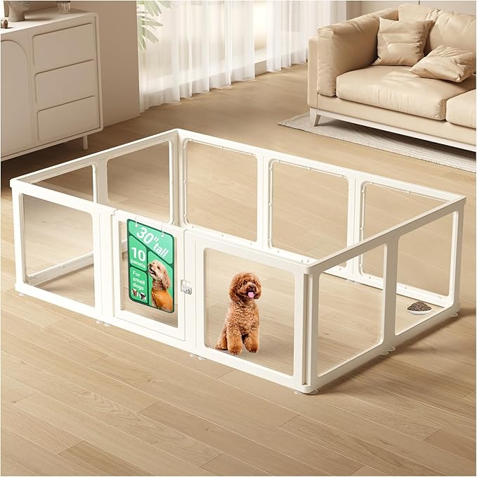 Transparent 10-Panel Dog Playpen, Acrylic Indoor/Outdoor Puppy Pen for Small & Medium Dogs, 30 Inch with Door, White(Fully Transparent 74 * 50 Single Room,30 inch)