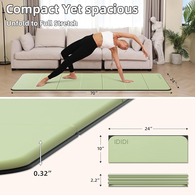 Foldable Yoga Mat Extra Thick 0.32 Inches Eco-Friendly POE Material, Non-Slip Design Fitness Mats, Multi-Purpose Workout Mats For Studio or Home Use (70 x 24 x 0.32 inches）