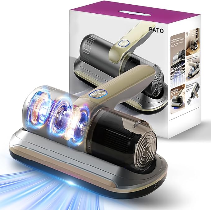 Mattress Vacuum Cleaner, Wireless Handheld Bed Vacuum Cleaner with UV-C Light, HEPA Filter and Ultrasonic Vibration, 12KPa, Suitable for Beds, Sofas, Car Seats, Carpets (Golden)
