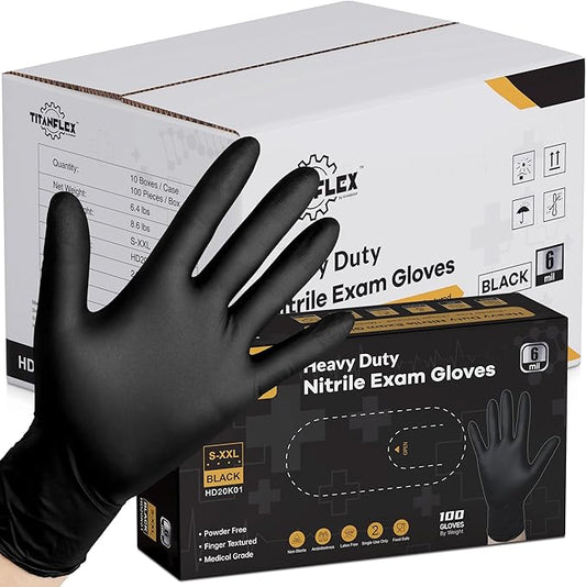 TitanFlex Disposable Nitrile Exam Gloves, 6-mil, Black, Heavy Duty Disposable Gloves, Cooking Gloves, Latex Free, Powder Free