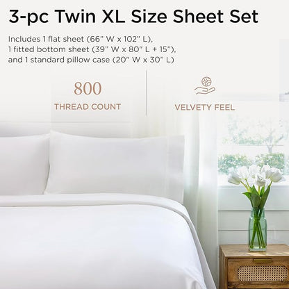 Threadmill Luxury 800 Thread Count 100% Cotton Sheets - Sateen Weave Twin XL Bed-Sheets, Better Than Egyptian Cotton,3 Pc Solid Bedding Set (Hotel White), Fits 15" Deep Pocket