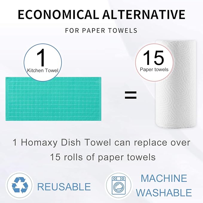 Homaxy 100% Cotton Terry Kitchen Towels(Turquoise, 13 x 28 inches), Checkered Designed, Soft and Super Absorbent Dish Towels, 8 Pack