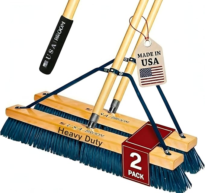 2 Pack Bundle - 36" Heavy Duty Outdoor Push Broom with 60" Handle. Ideal for Asphalt, Concrete & Heavy Debris. Durable American Made Steel Brackets-Stainless Steel Hardware. No Plastic. 100% USA Made.