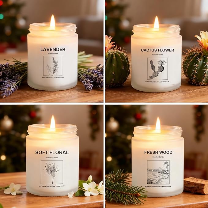 6 Pack Large 9 oz Natural Soy Wax Scented Candles- Lavender, Cactus Flower, Soft Floral & Fresh Wood- Long Lasting Aromatherapy Candle Gift Set for Home Relaxation, Holiday Gifts for Women