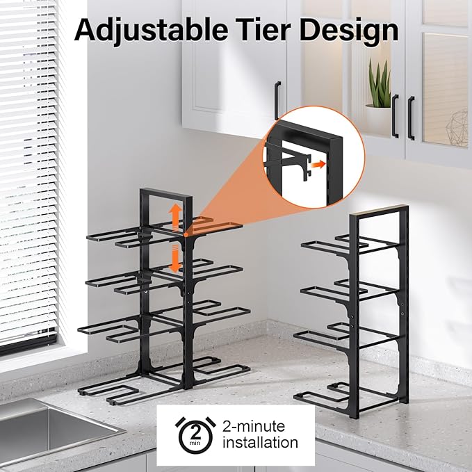 MUDEELA Pots and Pans Organizer under Cabinet, 21" Height Heavy Duty Adjustable Pot Pan Organizers inside Cabinet, 8-Tier Kitchen Cabinet Organizers and Storage for Big Stockpots, Heavy Cookware