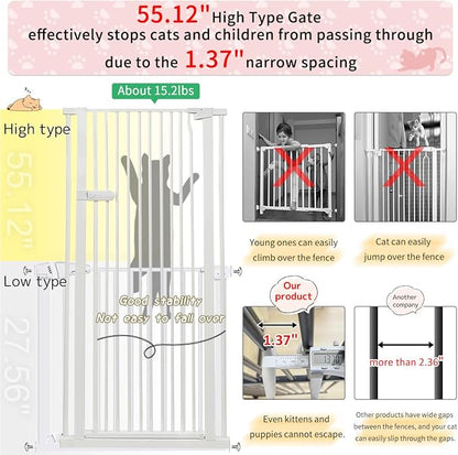Lumizone Extra Tall Cat Gate 55.12" High Pressure Mounted Extra Wide 2025 New (17 Sizes) 1.37" Gap No Drilling Auto-Close One-Handed Operation Tall Pet Gate for Dogs(White, 55.12" H x 67.72"-71.84" W)
