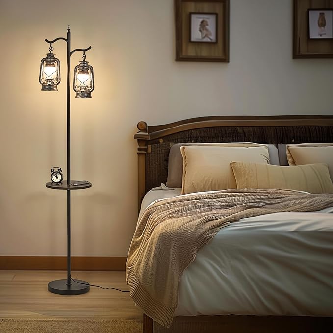 Farmhouse Floor lamp with Table, Double Head Vintage Floor Lantern, Standing lamp for Living Room，Bedroom, Rustic Floor Lamp with Silver Finish