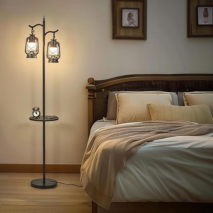 Farmhouse Floor lamp with Table, Double Head Vintage Floor Lantern, Standing lamp for Living Room，Bedroom, Rustic Floor Lamp with Silver Finish