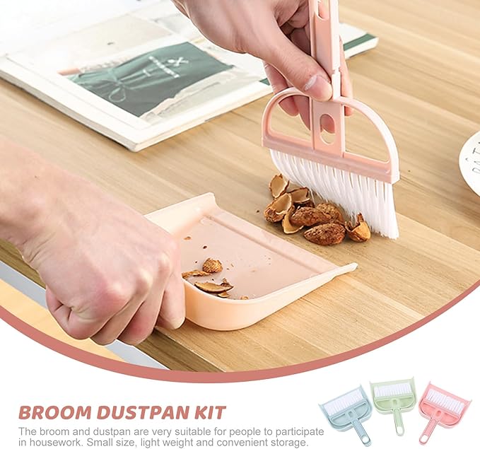 Handheld Mini Broom and Dustpan Set, 6pcs Desktop Cleaning Brush Kit for Pet Hair and Household Debris, Small Brooms with Dust Pans in Pink, Green, and Blue for Home and Office Use