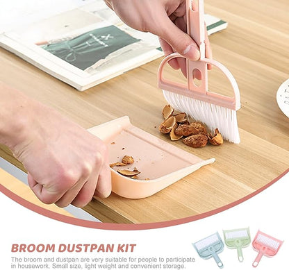 Handheld Mini Broom and Dustpan Set, 6pcs Desktop Cleaning Brush Kit for Pet Hair and Household Debris, Small Brooms with Dust Pans in Pink, Green, and Blue for Home and Office Use