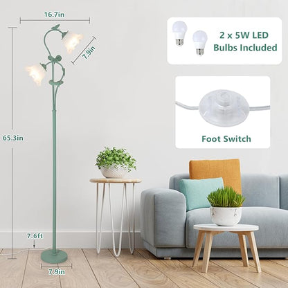 HMVPL Flower Floor Lamp for Living Room, Vintage Floor Lamp with 2 LED 5W Blubs, Foot Switch, Green Standing Lamp with Acrylic Shade, Unique Floral Tall Lamp for Living Room Bedroom Corner Office