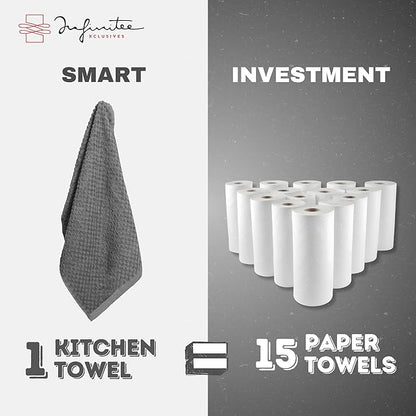 Infinitee Xclusives Premium Kitchen Towels – Pack of 3, 100% Cotton |15 x 25| Inches Absorbent Dish Towels - Terry Kitchen Dishcloth Towels - Grey Dish Cloth for Household Cleaning