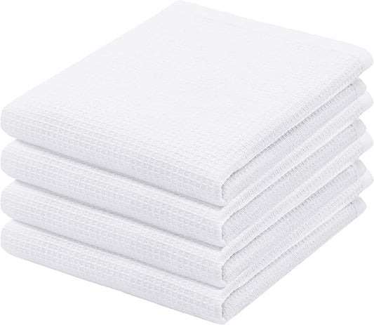 PurpleEssences Waffle Weave Kitchen Towel, 100% Cotton - 15 x 25 Inches, with Hanging Loop Ultra Soft Absorbent Quick Drying Dish Cloth, Tea and Hand Towels, 4 Pack - Fall Thanksgiving - White