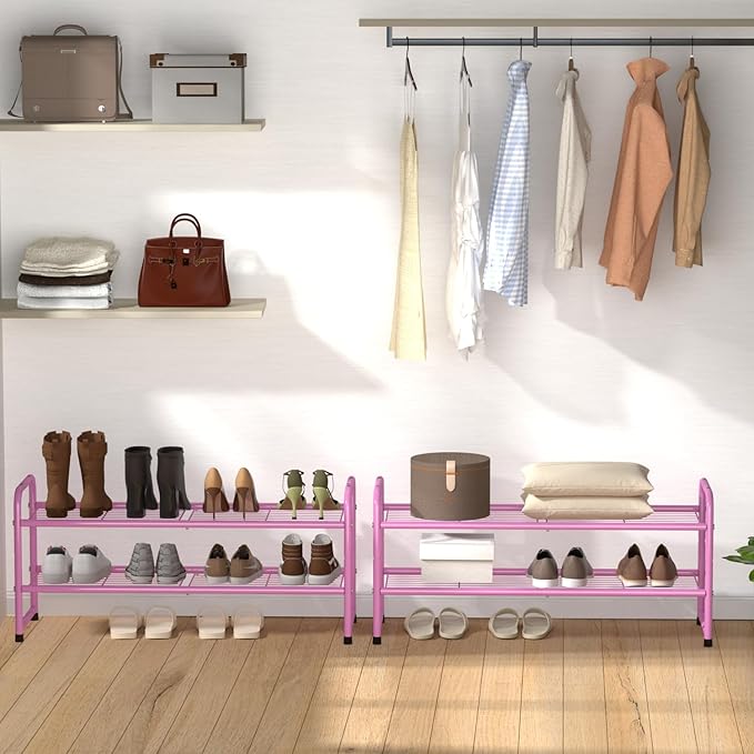 SUFAUY 33" Wide Shoe Rack for Closet, 2 Tier Metal Shoe Organizer Heavy Duty, Stackable, Pink