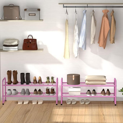 SUFAUY 33" Wide Shoe Rack for Closet, 2 Tier Metal Shoe Organizer Heavy Duty, Stackable, Pink