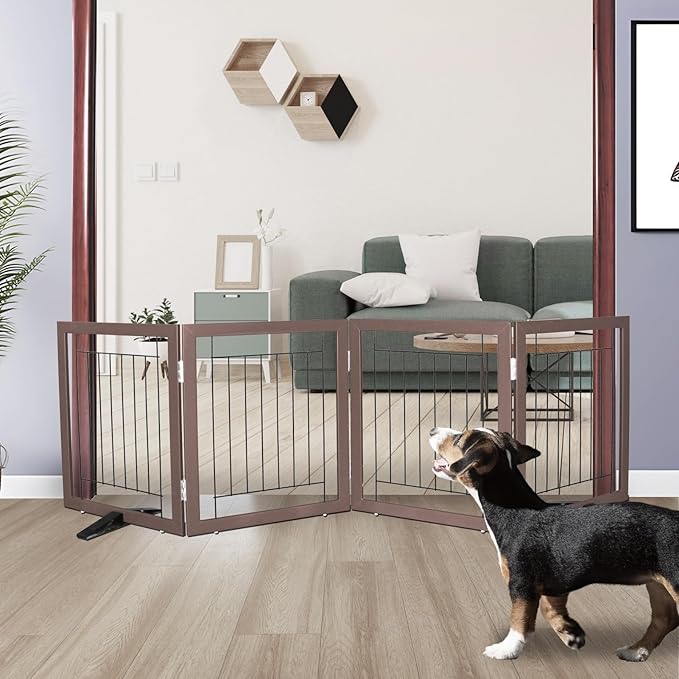 ZJSF Freestanding Dog Gate Indoor, Foldable Dog Fence for Doorways,Hallways or Stairs, Sturdy Wood Extra Wide Pet Gate with Support Feet,Brown,24 "Height-4 Panels