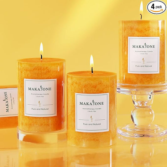 4 Pack Orange Lemongrass Sented Pillar Candles,60 H Long Burning,Natural Essential Oils,Non-Toxic,Refreshing Aromatherapy for Office Focus/Kitchen Deodorization/Living Room Ambience-2.8x4in