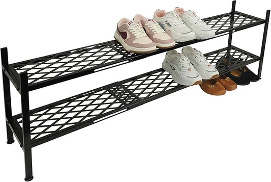 Shoe Rack For Closet, Expandable Shoes Organizer Metal Shelf Stand, 2 Tier Stackable Long Shoe Storage Holder For Floor, Entryway, Garage, Bedroom, Door Entrance For 12-18 Pairs, 45.6 inches Black