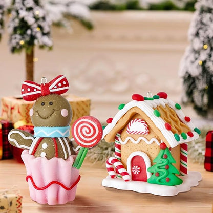 Set of 2 Christmas Tree Decorations, Gingerbread House & Gingerbread Man Christmas Ornaments, Claydough Xmas Hanging Decor for New Year Party Wedding Home
