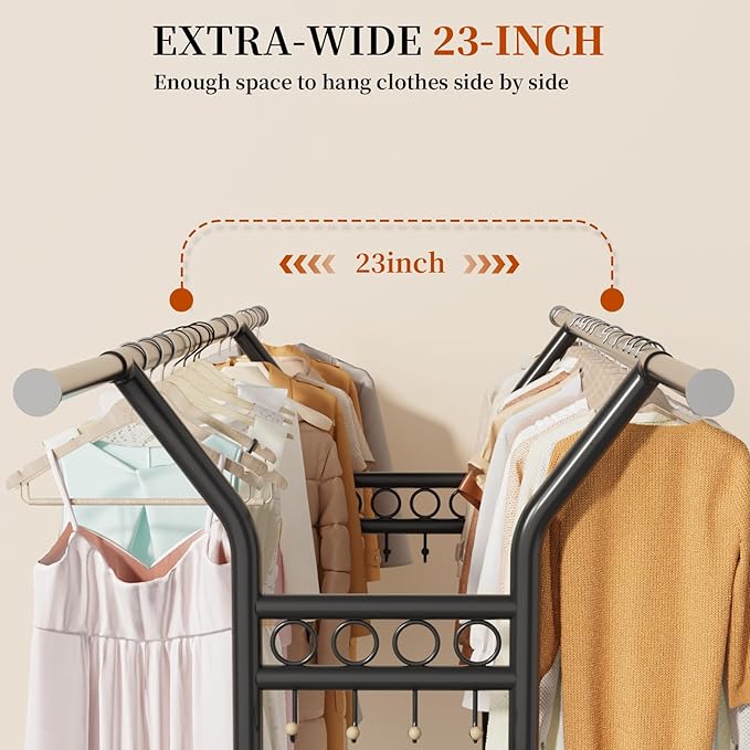 Heavy Duty Clothes Rack - Double Rod Clothing Racks for Hanging Clothes, Portable & Adjustable Garment Rack with Wheels, Rolling Clothes Rack Load 670LBS for Bedrooms, Laundry, Closet (Black)