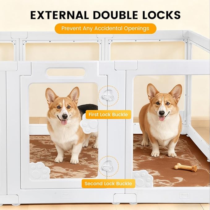 WICHEMI Portable Dog Playpen with Double Door Lock, 23.6" H Puppy Play Pen for Indoors, Portable Playpen with Suction Cup for Puppy Cat Rabbit Ferret, 12 Panels White