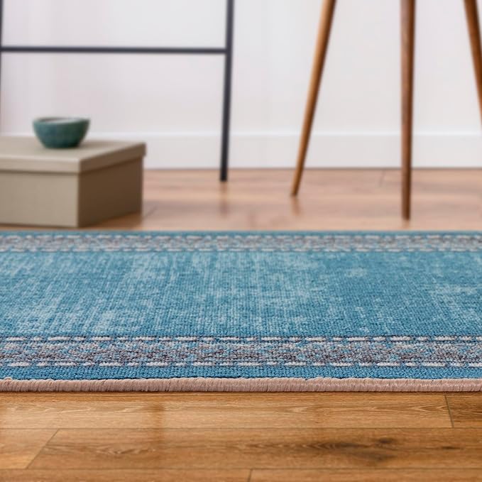 Antep Rugs Alfombras Bordered Modern 2x5 Non-Slip (Non-Skid) Low Pile Rubber Backing Kitchen Area Runner Rug (Turquoise Blue, 2' x 5')