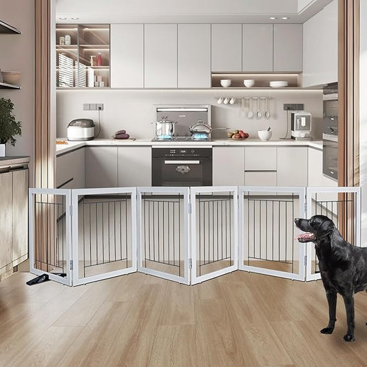 ZJSF Freestanding Dog Gate Indoor, Foldable Dog Fence for Doorways,Hallways or Stairs, Sturdy Wood Extra Wide Pet Gate with Support Feet,Grey,24 "Height-6 Panels
