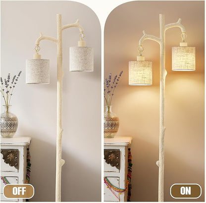 Floor Lamp for Living Room - 69" Rustic Farmhouse Tree Trunk Tall Lamp - Country Resin Vintage Reading Light with Linen Shade Standing Lamps for Bedroom Office Classroom Home Decor (Almond White)