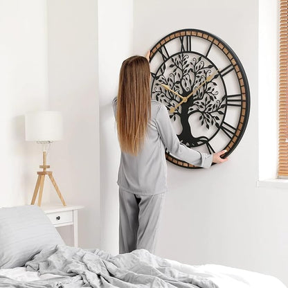 Micasso Non-Ticking Oversize Wall Clock: 35Inch Tree of Life Metal with Solid Wood Frame - Silent Battery Operated Clock for Bedroom/Fireplace/High-Ceiling - Home Decor for Interior Designers