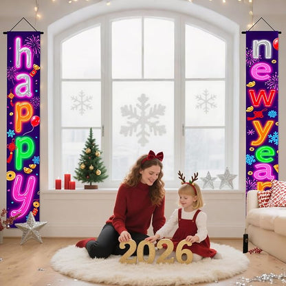Nuxovilar Happy New Year Banner, 70.86" x 11.81" Colorful Background Letters Hanging Decorations for Outdoor Indoor Home Wall