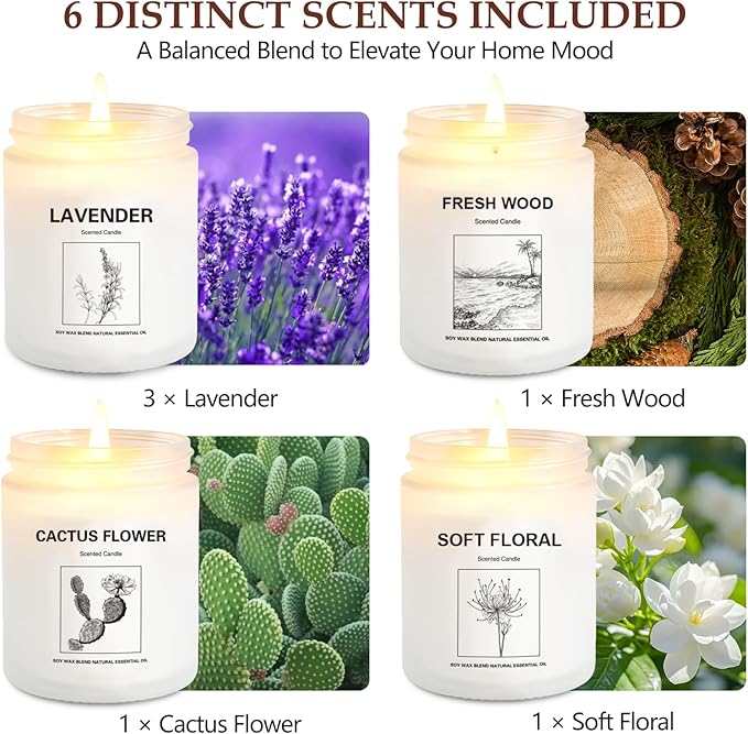 6 Pack Large 9 oz Natural Soy Wax Scented Candles- Lavender, Cactus Flower, Soft Floral & Fresh Wood- Long Lasting Aromatherapy Candle Gift Set for Home Relaxation, Holiday Gifts for Women