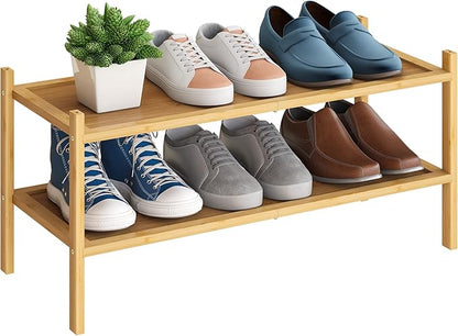 BMOSU 2-Tier Bamboo Shoe Rack Premium Stackable Shoe Shelf Storage Organizer for Hallway Closet Living Room Entryway Organizer(Natural)