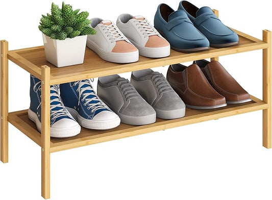 BMOSU 2-Tier Bamboo Shoe Rack Premium Stackable Shoe Shelf Storage Organizer for Hallway Closet Living Room Entryway Organizer(Natural)