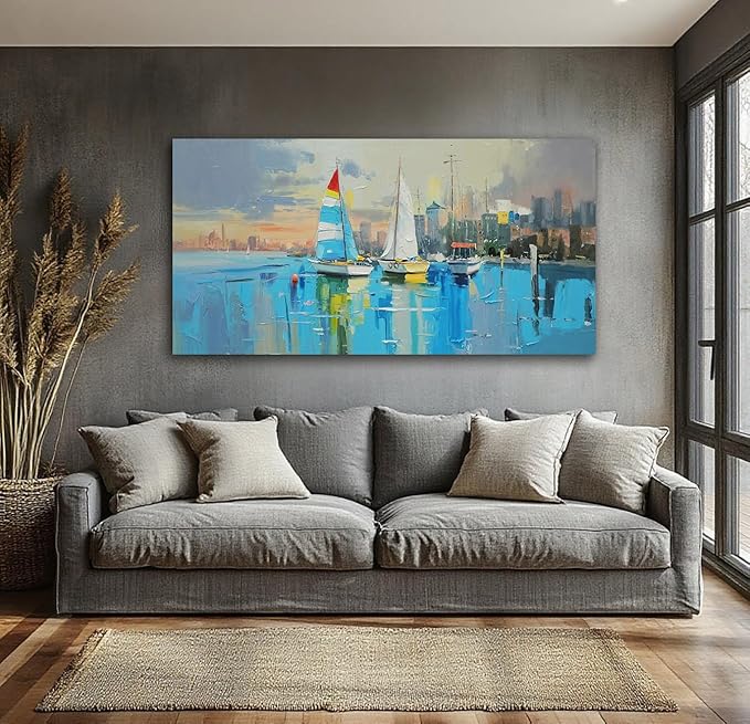 Anolyfi Abstract Canvas Wall Art Landscape Picture Coastal Cityscape Painting Blue Textured Artwork for Living Room Bedroom Bathroom Kitchen Office Home Decor 40"x20"
