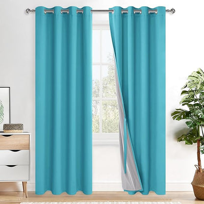 XWZO Complete Blackout Shades Window Curtain Panels with Tiebacks - Noise Reduction and Full Light Blocking Grommet Curtains with Black Liner for Studio, Turquoise, W52 x L84, Set of 2