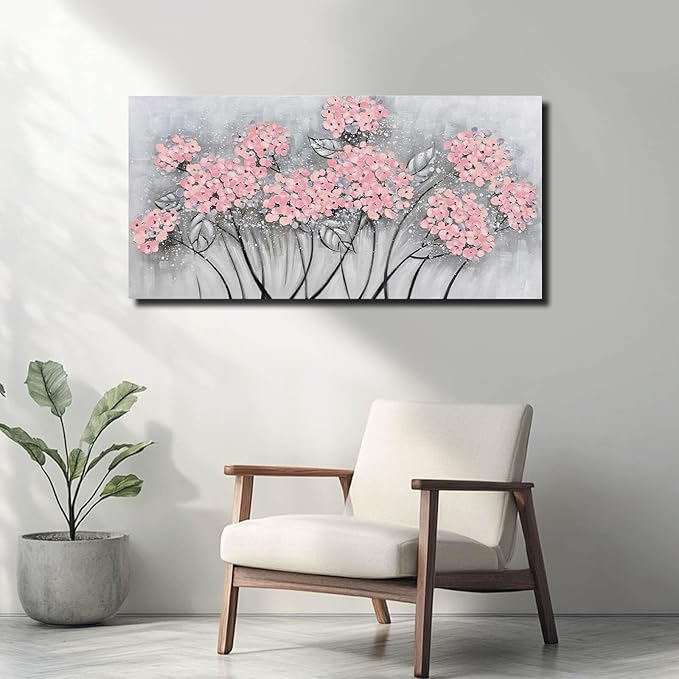 SOUGUAN Flower Wall Decor/Living Room Decorations/Pink Modern Artwork/Hand Painted Botanical Paintings for Bedroom Kitchen Home Office 20"x 40"