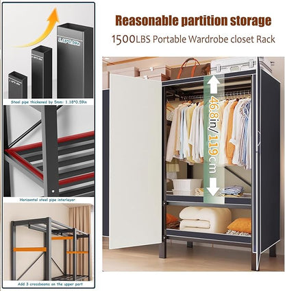 Heavy Duty Clothes Rack with Magnetic Door, Metal Foldable Covered Clothes Rack, Portable Wardrobe Closet System for Hanging Clothes, Rolling Garment Racks for Bedroom (Agarwood Doors, 74.8in)
